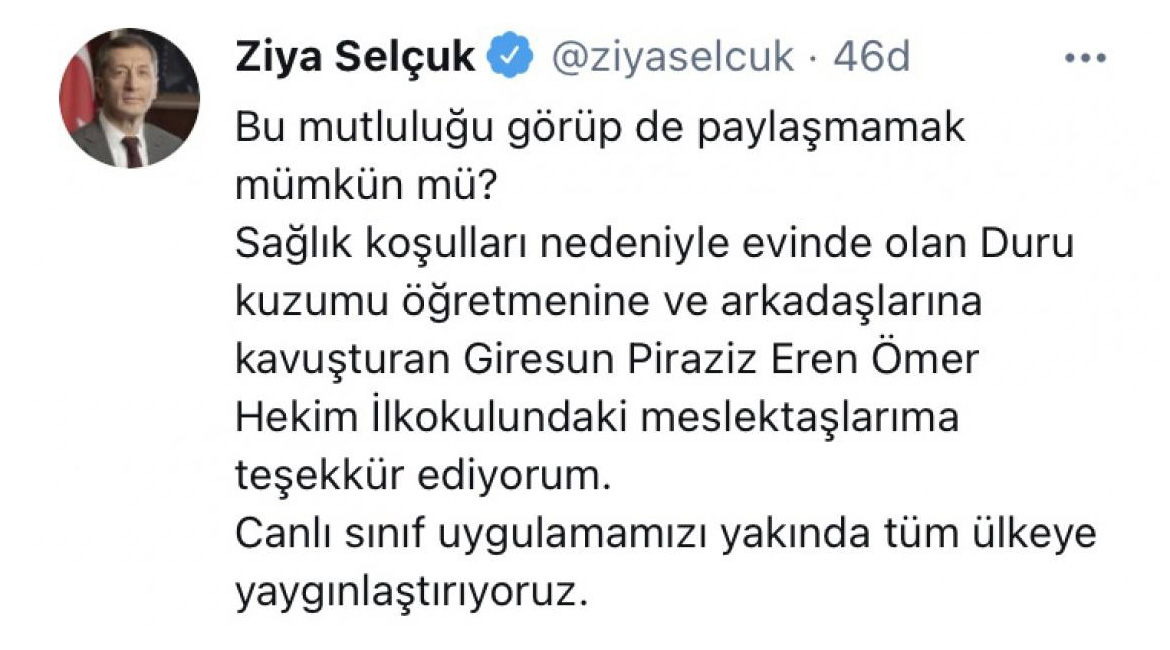Milli Eğitim Eski Bakanımız Ziya Selçuk’un Piraziz Eren Ömer Hekim İlkokulu Hakkında Sosyal Medya Paylaşımı